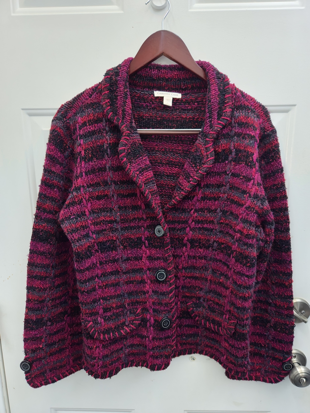 Coldwater Creek Magenta and Black Striped Shawl Collar Cardigan